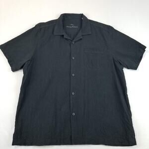 Tommy Bahama Shirt Mens XL Black 100% Silk Herringbone Short Sleeve Loop collar